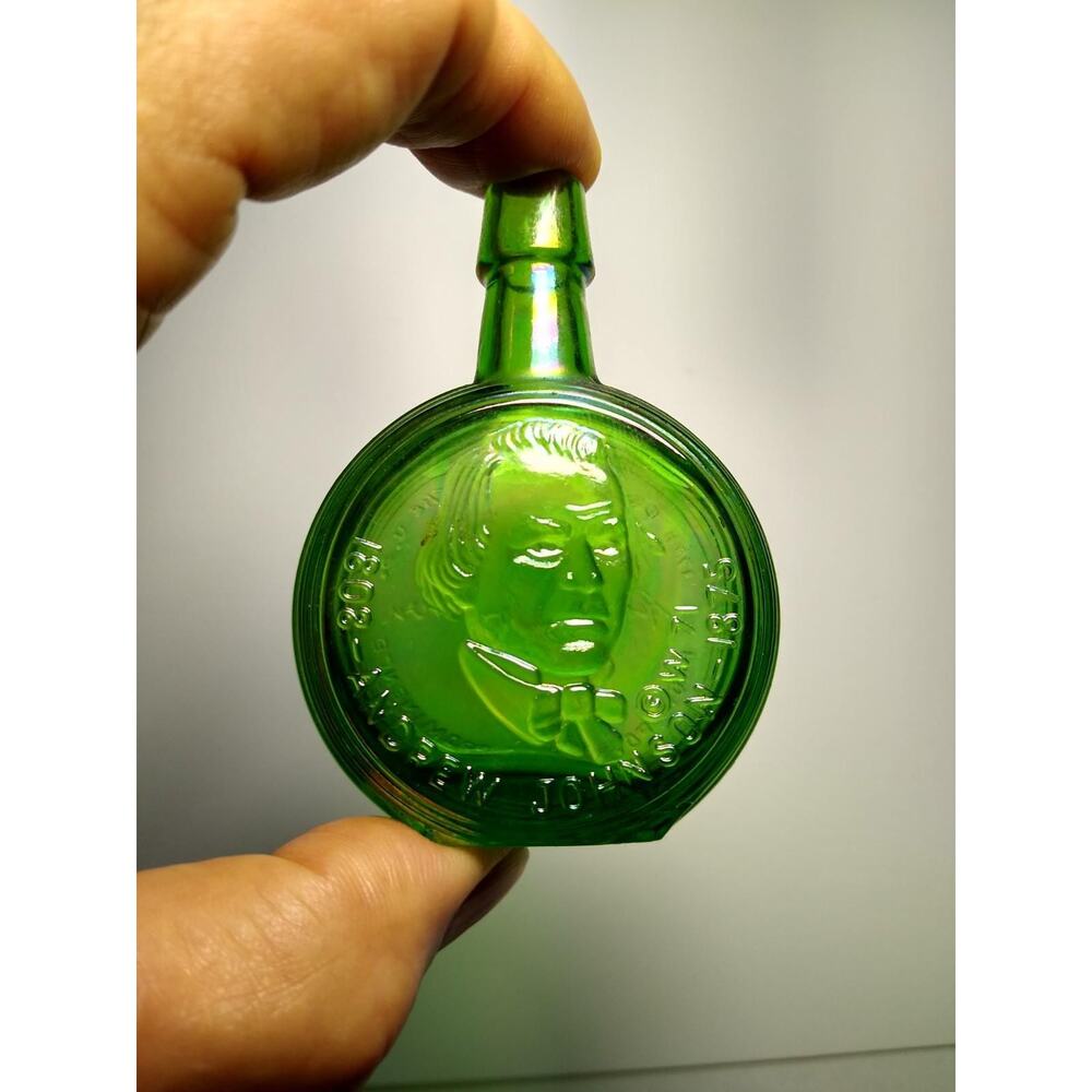 Wheaton Green Carnival Glass Bottle Andrew Johnson 1971 Mini 3" Vintage Retro